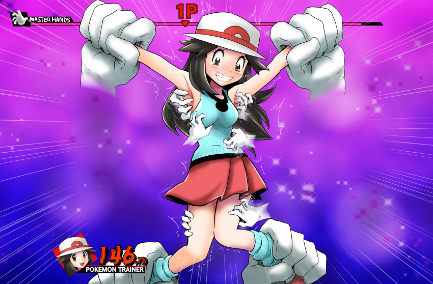 armpits arms_up black_hair blue_(pokemon) blue_legwear blue_shirt blush breasts brown_eyes character_name clenched_teeth creatures_(company) disembodied_limb emphasis_lines english_text female game_freak gameplay_mechanics gloves hat health_bar highres knees_together_feet_apart long_hair looking_down master_hand medium_breasts miniskirt motion_lines nintendo nose_blush pleated_skirt pokemon pokemon_(game) pokemon_frlg purple_background red_footwear red_skirt restrained shin_(kusugurijin) shirt shoes skirt sleeveless sleeveless_shirt smile socks solo_focus super_smash_bros. super_smash_bros._ultimate sweat tears teeth tickling trembling wavy_mouth white_gloves white_hat