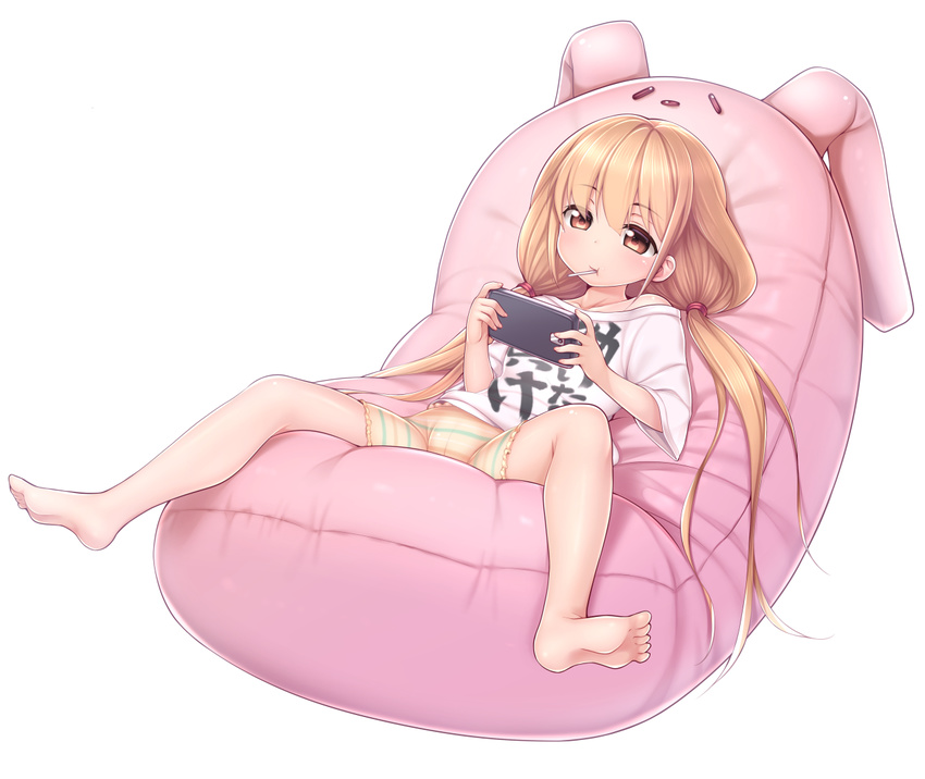 bare_legs barefoot bean_bag_chair bike_shorts blonde_hair blush cellphone clothes_writing futaba_anzu idolmaster idolmaster_cinderella_girls long_hair low_twintails lying mouth_hold nullken on_back phone playing_games shirt smartphone solo spread_legs striped striped_bike_shorts stuffed_animal stuffed_bunny stuffed_toy t-shirt twintails you_work_you_lose