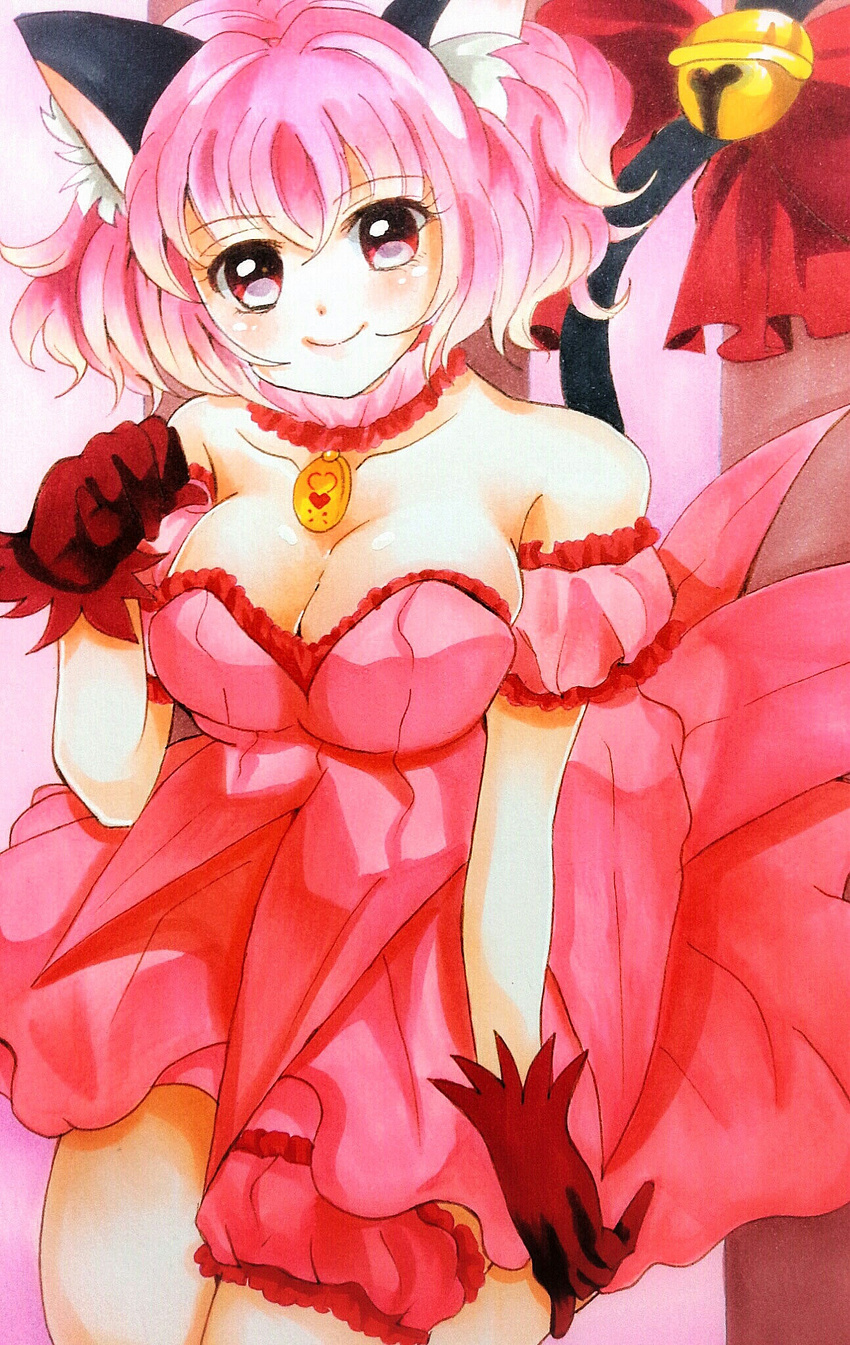 1girl animal_ears artist_request bell breasts cat_ears cat_tail cleavage garter gloves highres looking_at_viewer medium_breasts mew_ichigo momomiya_ichigo pendant pink_eyes pink_hair short_hair skirt smile tokyo_mew_mew