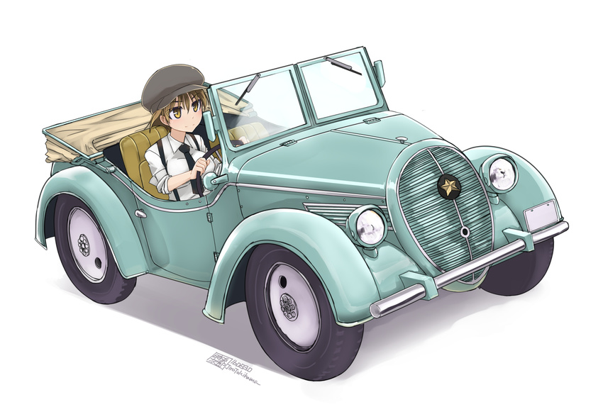 brown_eyes brown_hair cabbie_hat car commentary convertible driving ground_vehicle hat highres imperial_japanese_army military military_vehicle motor_vehicle necktie original short_hair signature simple_background sleeves_rolled_up smile solo suspenders tokihama_jirou type_95_reconnaissance_car white_background world_war_ii