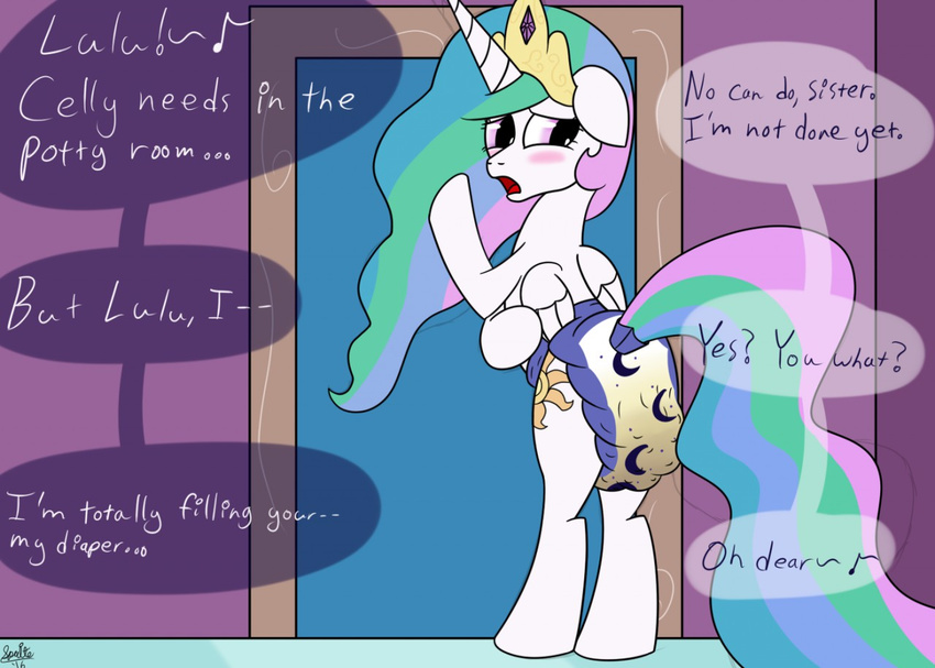 comic deparation dialogue diaper equine feces friendship_is_magic ft-sprite horse mammal my_little_pony omorashi peeing pony pooping princess_celestia_(mlp) urine wet wetting