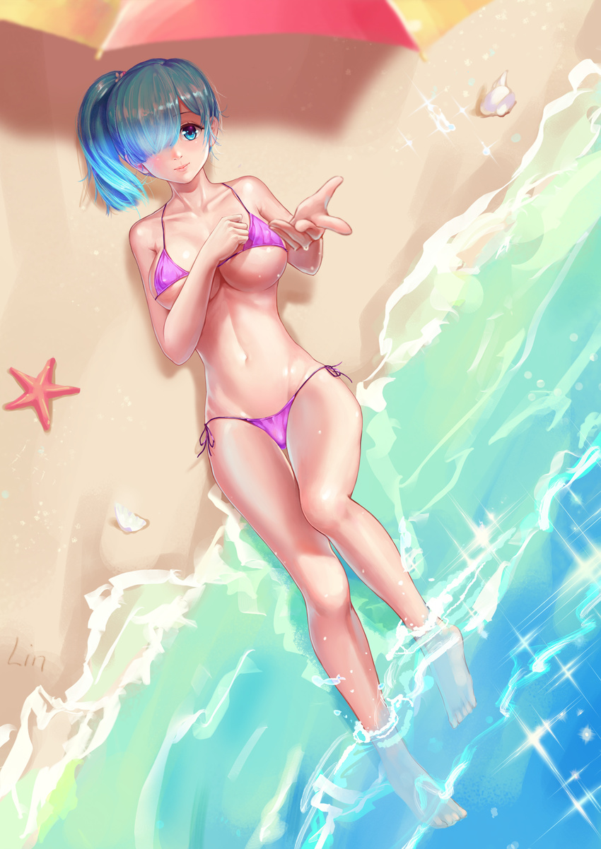 areola bikini breast_hold erect_nipples lin_(artist) re_zero_kara_hajimeru_isekai_seikatsu rem_(re_zero) swimsuits underboob wet