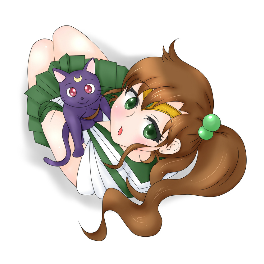 1girl bishoujo_senshi_sailor_moon brown_hair cat gloves green_eyes hair_bobbles highres kino_makoto looking_at_viewer luna_(sailor_moon) open_mouth ponytail pooka_(pooka-27) red_eyes sailor_jupiter school_uniform serafuku short_hair skirt white_background