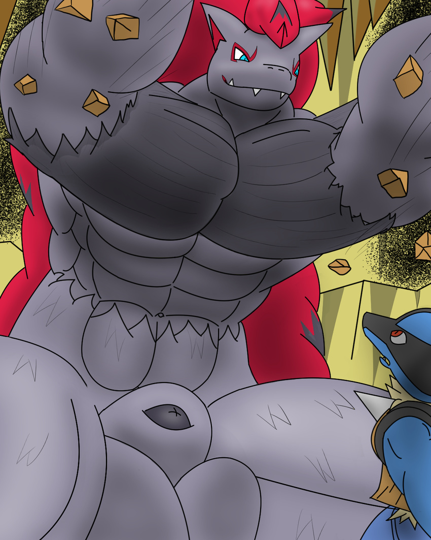 abs anthro biceps big_muscles bulk canine difference huge_muscles lucario male mammal muscleartguy muscular nintendo pecs penis pok&eacute;mon sheathe size video_games zoroark