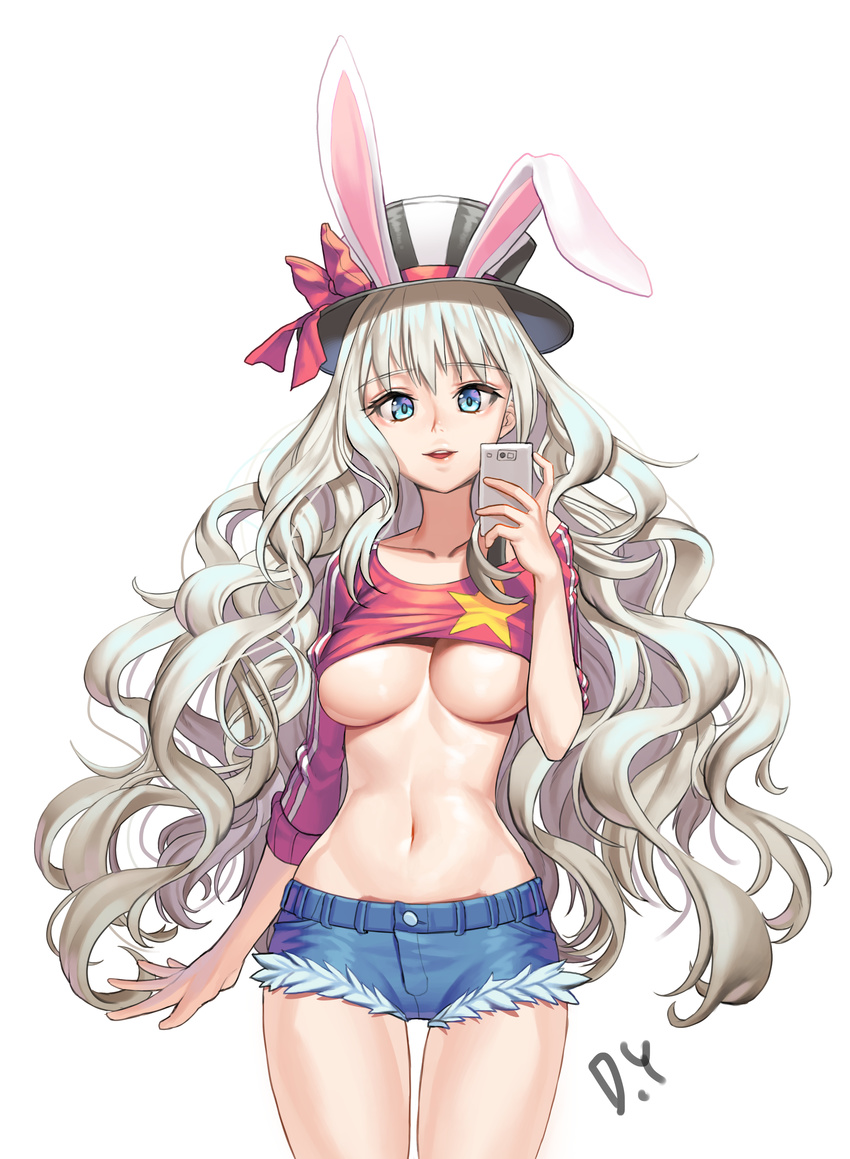 :d absurdres animal_ears arm_at_side artist_name blonde_hair blue_eyes blue_shorts blush bow breasts bunny_ears buttons cellphone collarbone crop_top cutoffs denim denim_shorts doyoom eyebrows eyebrows_visible_through_hair hat hat_bow hat_ornament highres holding holding_cellphone holding_phone long_hair long_sleeves looking_at_viewer medium_breasts midriff navel open_mouth phone red_bow shirt_lift short_shorts shorts signature simple_background smartphone smile solo star star_print stomach taking_picture top_hat tsurime underboob very_long_hair wavy_hair white_background