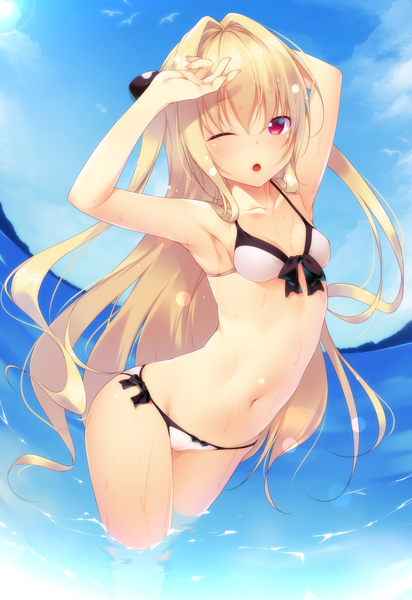 arched_back armpits arms_up ass bare_shoulders bikini blonde_hair blue_sky blush breasts cleavage cloud collarbone commentary_request day fisheye front-tie_top hair_intakes highres konjiki_no_yami lens_flare long_hair looking_at_viewer navel ocean one_eye_closed open_mouth outdoors red_eyes shokuyou_mogura side-tie_bikini sky small_breasts solo standing sun swimsuit to_love-ru to_love-ru_darkness very_long_hair wading water wet white_bikini
