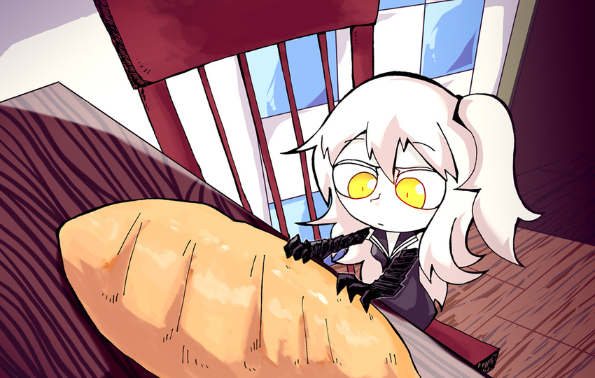 aircraft_carrier_oni bread chair chibi claws commentary food gauntlets kantai_collection long_hair meme one_side_up setz shinkaisei-kan solo table white_hair white_skin yellow_eyes