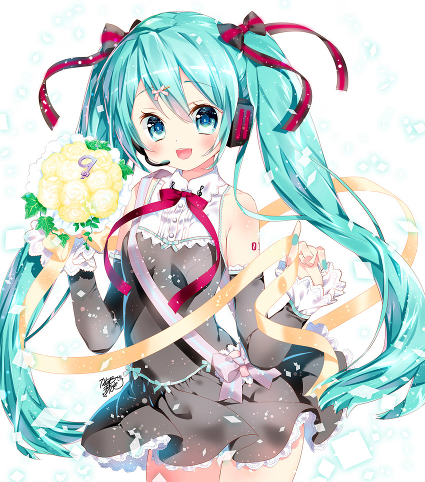 :d aqua_eyes aqua_hair bouquet bow bowtie confetti cowboy_shot detached_sleeves flower hair_bow hair_ornament hair_ribbon hairclip hatsune_miku headphones headset highres kamiya_maneki long_hair looking_at_viewer open_mouth pleated_skirt ribbon skirt smile solo twintails vocaloid