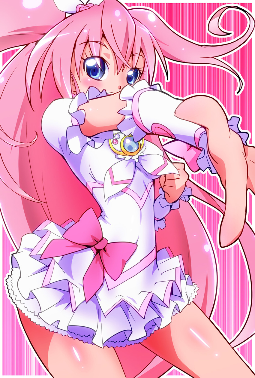 blue_eyes bow brooch cosplay cure_melody cure_rhythm cure_rhythm_(cosplay) frilled_skirt frills highres houjou_hibiki jewelry long_hair looking_at_viewer outstretched_hand pink_background pink_bow pink_hair precure ryuuta_(cure_ryuuta) shiny shiny_skin skirt smile solo suite_precure white_skirt wrist_cuffs