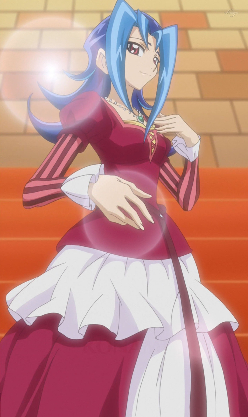 1girl blue_hair dress kamishiro_rio long_hair looking_at_viewer red_eyes screencap smile yu-gi-oh! yuu-gi-ou_zexal