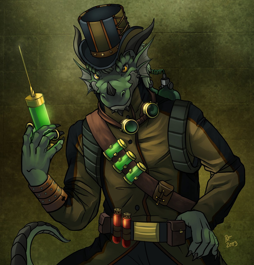 2013 anthro asterionblazing belt claws clothed clothing dragon ear_fins eyewear fin front_view goggles green_scales half-length_portrait hi_res horn looking_at_viewer male portrait scales scalie signature solo spikes steampunk syringe test_tube tharis utility_belt yellow_eyes