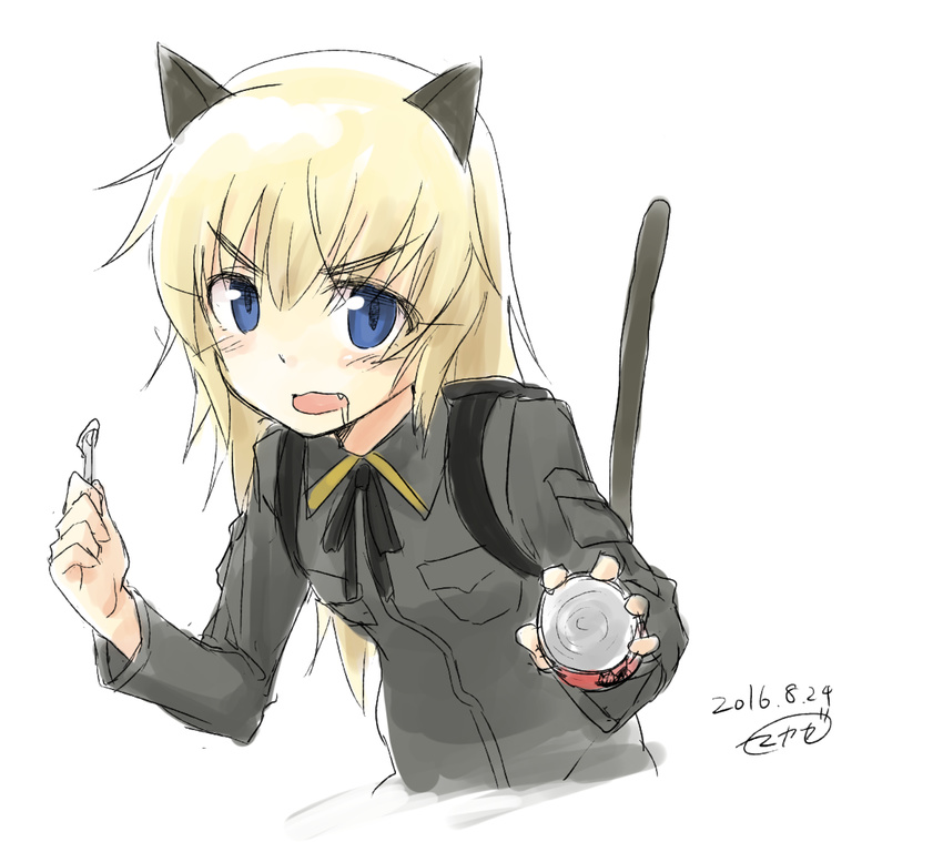 2016 animal_ears backpack bag black_ribbon blonde_hair blue_eyes blush breasts cat_ears cat_tail dated drooling fang helma_lennartz holding long_hair long_sleeves looking_at_viewer makaze_(t-junction) military military_uniform open_mouth ribbon signature simple_background sketch small_breasts solo tail tin_can uniform white_background world_witches_series