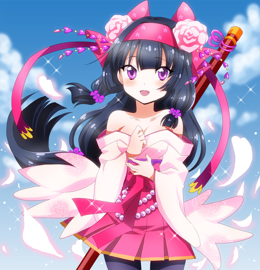 :d bare_shoulders beads black_hair black_legwear bow cloud day flower flower_knight_girl hair_bow hair_flower hair_ornament hairband highres japanese_clothes kimono long_hair looking_at_viewer low-tied_long_hair masako_(sabotage-mode) open_mouth pantyhose pink_bow pink_skirt pleated_skirt purple_eyes shakuyaku_(flower_knight_girl) skirt sky smile solo staff