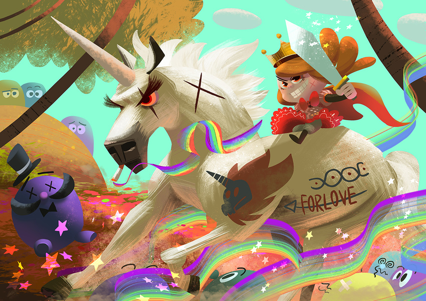 2015 bow brown_hair child cigarette clothed clothing cloud crown detailed_background digital_media_(artwork) digital_painting_(artwork) dress duo_focus equine facial_hair female feral fur galgard grin group hair hat hiding holding_object holding_weapon hooves horn human light_skin male mammal mane melee_weapon mustache orange_eyes orange_sclera outside princess quadruped rainbow red_eyes riding royalty scar spiral_eyes star sword tattoo teeth top_hat tree unicorn weapon white_fur x_eyes young