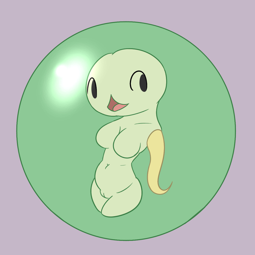 anthro anthrofied black_eyes breasts bubble cell female floating goo green_skin hovering liquid looking_back navel nintendo nude open_mouth pok&eacute;mon posexe pussy simple_background solo solosis tongue video_games