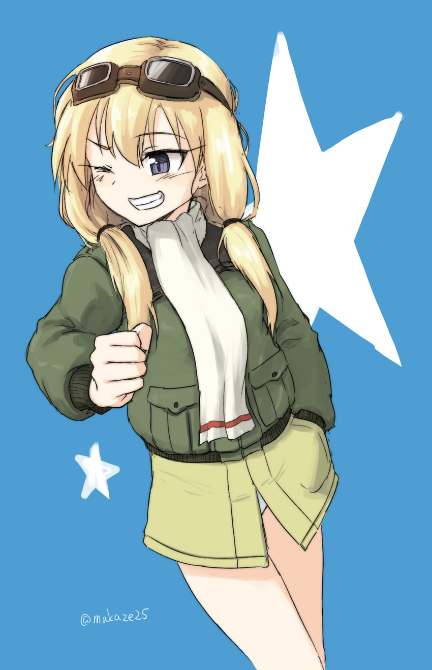 ;d blonde_hair blue_background blue_eyes bomber_jacket carla_j_luksic clenched_hand dutch_angle eyebrows eyebrows_visible_through_hair goggles goggles_on_head hair_between_eyes hand_in_pocket highres jacket long_hair long_sleeves low_twintails makaze_(t-junction) military military_uniform noble_witches one_eye_closed open_mouth panties scarf signature simple_background smile solo star strike_witches twintails underwear uniform white_panties world_witches_series