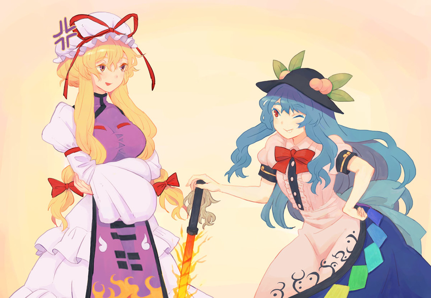 blonde_hair blouse blue_hair blue_skirt bow bowtie breasts commentary_request contrapposto dress eyebrows hair_ribbon hand_on_hip hat hinanawi_tenshi jean_(jean_sp) juliet_sleeves large_breasts leaning_forward long_hair long_sleeves mob_cap multiple_girls puffy_sleeves red_eyes ribbon sidelocks skirt standing sword_of_hisou tabard thick_eyebrows touhou tress_ribbon white_blouse white_dress yakumo_yukari yellow_eyes