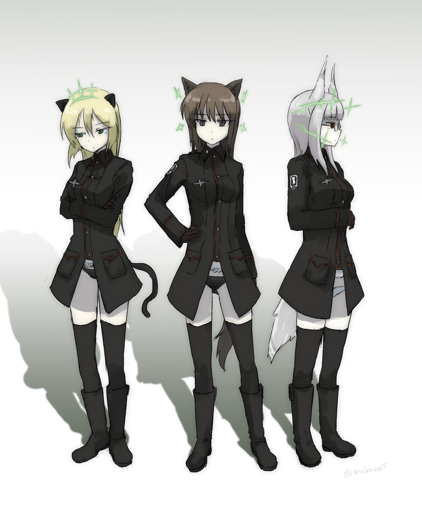 :x animal_ears black_coat black_footwear black_gloves black_legwear black_panties blonde_hair boots breasts brown_hair cat_ears cat_tail check_commentary closed_mouth commentary commentary_request crossed_arms dog_ears dog_tail emblem eyebrows eyebrows_visible_through_hair ghost_in_the_shell ghost_in_the_shell_lineup ghost_in_the_shell_stand_alone_complex glasses gloves green_eyes hand_on_hip hand_on_own_chest head_tilt head_wings heidimarie_w_schnaufer heinrike_prinzessin_zu_sayn-wittgenstein helmina_lent highres hirschgeweih_antennas large_breasts long_hair long_sleeves makaze_(t-junction) military military_uniform multiple_girls noble_witches panties parody purple_eyes red_eyes shadow simple_background tail thighhighs underwear uniform white_background white_hair white_panties world_witches_series