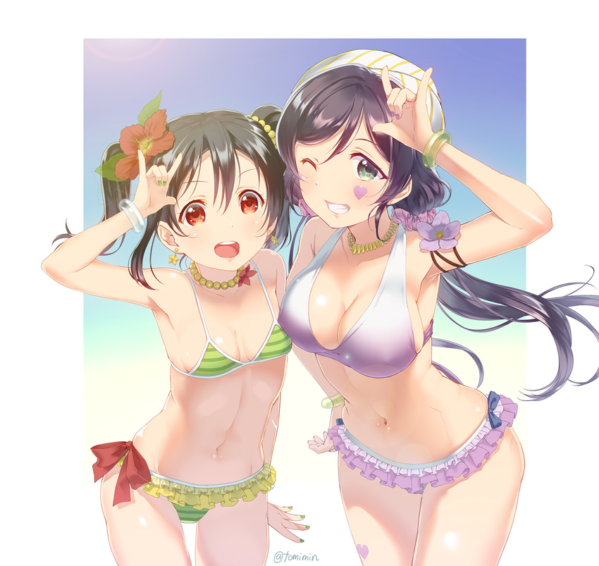 \m/ bikini black_hair bow bracelet breasts double_\m/ flower green_eyes hair_bow hair_flower hair_ornament jewelry leaning_forward long_hair looking_at_viewer love_live! love_live!_school_idol_project low_twintails multiple_girls natsuiro_egao_de_1_2_jump! navel necklace one_eye_closed purple_hair red_eyes scrunchie short_hair small_breasts smile swimsuit tomiwo toujou_nozomi twintails yazawa_nico