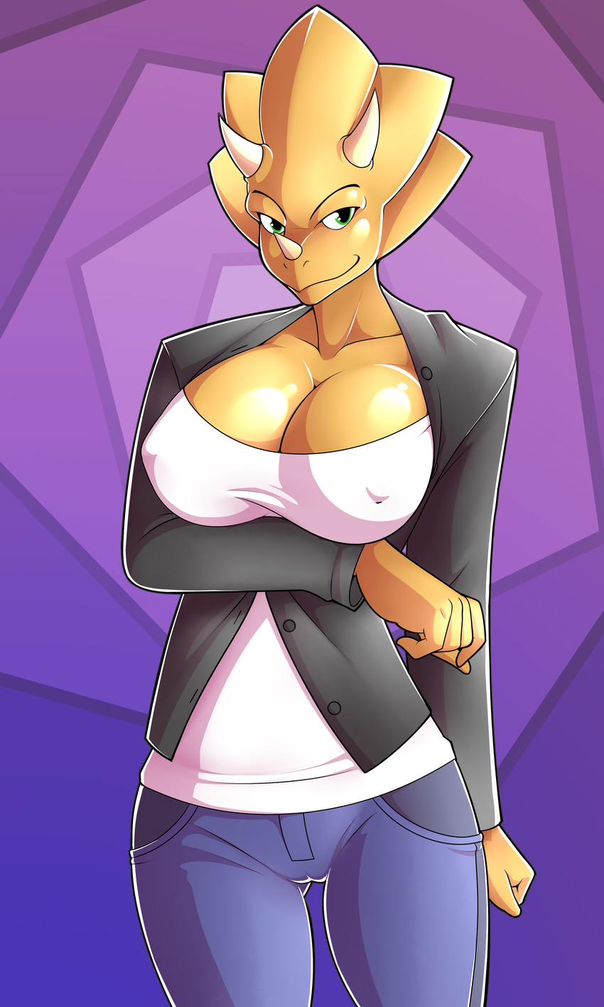 2016 anthro breasts cleavage clothed clothing dinosaur female horn marik_azemus34 nipple_bulge solo triceratops