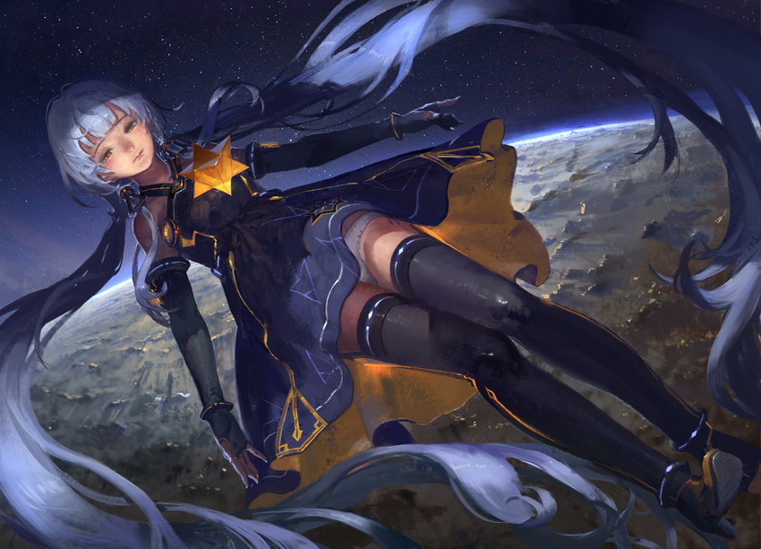 bare_shoulders black_legwear blue_hair detached_sleeves dress fingerless_gloves gloves hair_ornament halterneck hexagram high_heels highres jeanex long_hair moon panties pantyshot purple_dress quad_tails solo space star_(sky) star_of_david stellated_octahedron thighhighs underwear upskirt very_long_hair vocaloid white_panties xingchen yellow_eyes