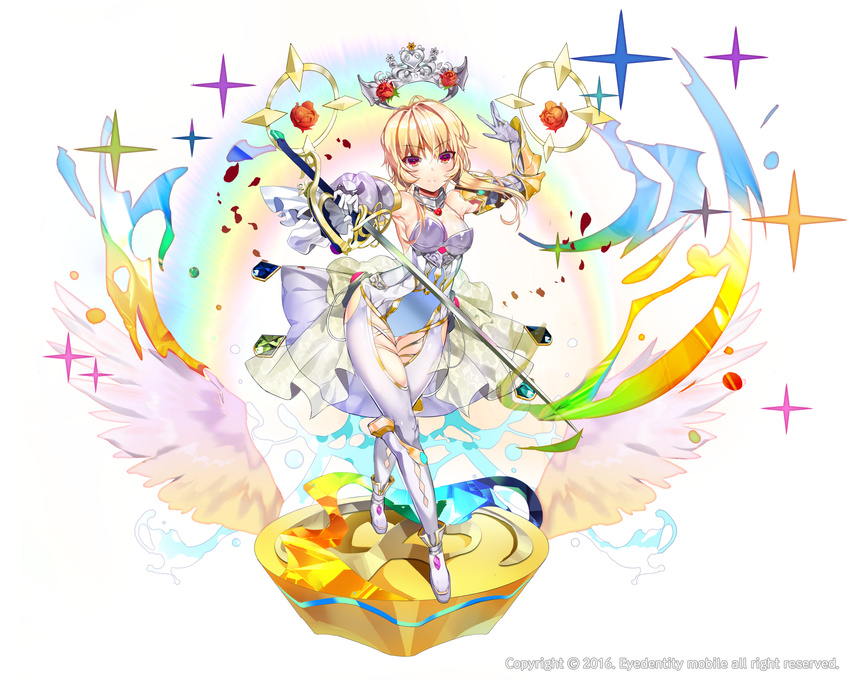 absurdres armor blonde_hair boots breasts cleavage contrapposto detached_collar elbow_gloves flower full_body gloves halo highres j_na medium_breasts million_arthur_(series) petals red_eyes rose sidelocks simple_background skin_tight smile solo standing sword thigh_gap thighs weapon white_background white_legwear