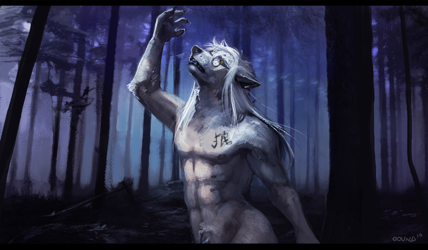 2015 anthro black_nose canine dariuswhitefur detailed_background digital_media_(artwork) digital_painting_(artwork) eyewear forest front_view fur glasses hair half-length_portrait letterbox long_hair looking_up male mammal night nude oouna outside portrait raised_arm signature solo standing tattoo teeth tree white_fur white_hair wolf