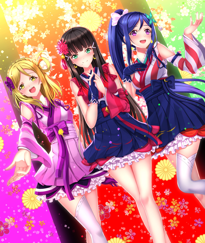 :d black_hair blonde_hair blue_hair braid crown_braid detached_sleeves earrings frilled_skirt frills green_eyes hair_ornament highres jewelry kurosawa_dia lolita_fashion long_hair looking_at_viewer love_live! love_live!_sunshine!! matsuura_kanan mijuku_dreamer mole mole_under_mouth multiple_girls ohara_mari open_mouth pleated_skirt ponytail purple_eyes skirt smile swordsouls thighhighs wa_lolita white_legwear yellow_eyes zettai_ryouiki