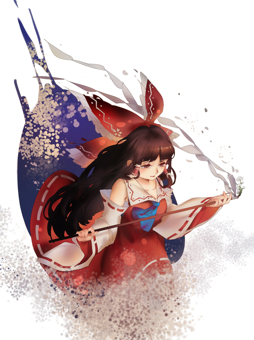 ascot bow brown_eyes brown_hair detached_sleeves dress expressionless flower gohei gradient gradient_background hair_bow hair_tubes hakurei_reimu highres lao_yang_hua_pu lips long_hair looking_down looking_to_the_side petals red_dress ribbon-trimmed_sleeves ribbon_trim solo touhou wind