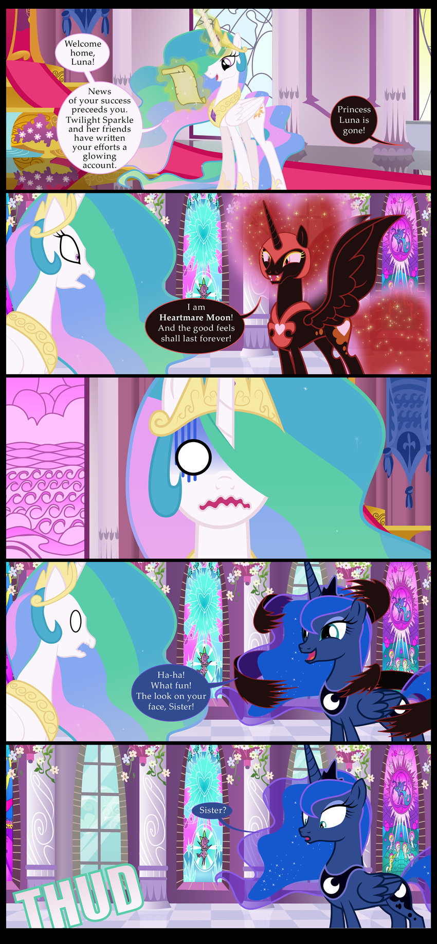 2016 blue_eyes blue_feathers blue_hair comic detailed_background dialogue english_text equine eye_contact eyelashes feathered_wings feathers friendship_is_magic hair horn inside mammal mlp-silver-quill multicolored_hair my_little_pony nightmare_moon_(mlp) open_mouth pink_eyes princess_celestia_(mlp) princess_luna_(mlp) smile standing teeth text trolling white_feathers winged_unicorn wings