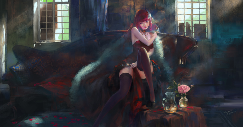 bare_shoulders breasts choker cleavage couch flower fur_trim harihisa highres indoors jar large_breasts looking_at_viewer petals platform_footwear platform_heels red_eyes red_hair rose smile solo thighhighs window