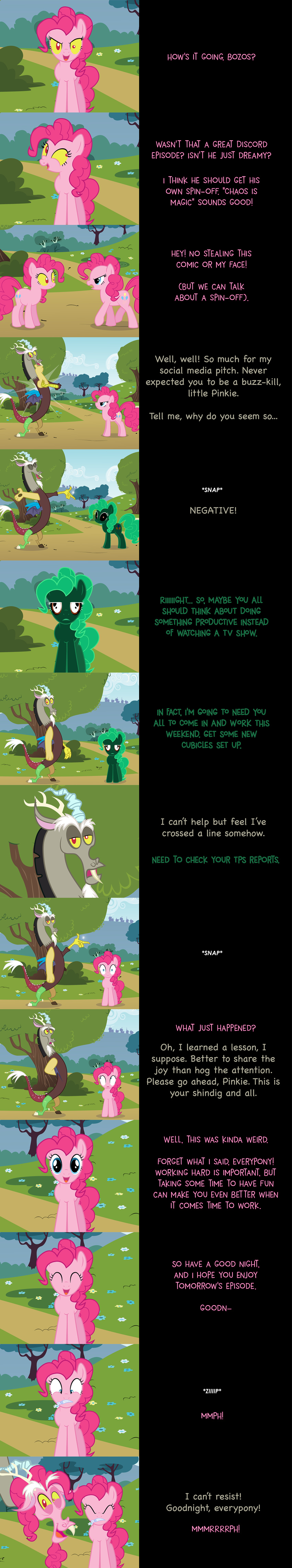2016 comic discord_(mlp) disguise draconequus english_text equine female friendship_is_magic horse male mammal mlp-silver-quill my_little_pony negative_self pinkie_pie_(mlp) pony text zip
