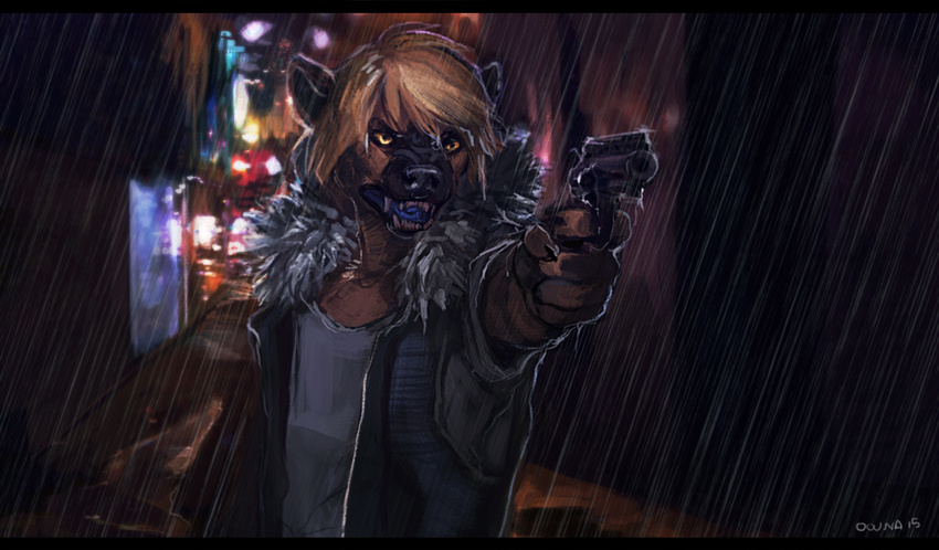2015 5_fingers angry anthro black_nose blue_tongue brown_fur brown_hair city clothed clothing dark detailed_background digital_media_(artwork) digital_painting_(artwork) front_view fur gun hair handgun holding_object holding_weapon hyena jacket letterbox lights male mammal night oouna outside raining ranged_weapon revolver signature snarling solo standing teeth truentyena weapon yellow_eyes