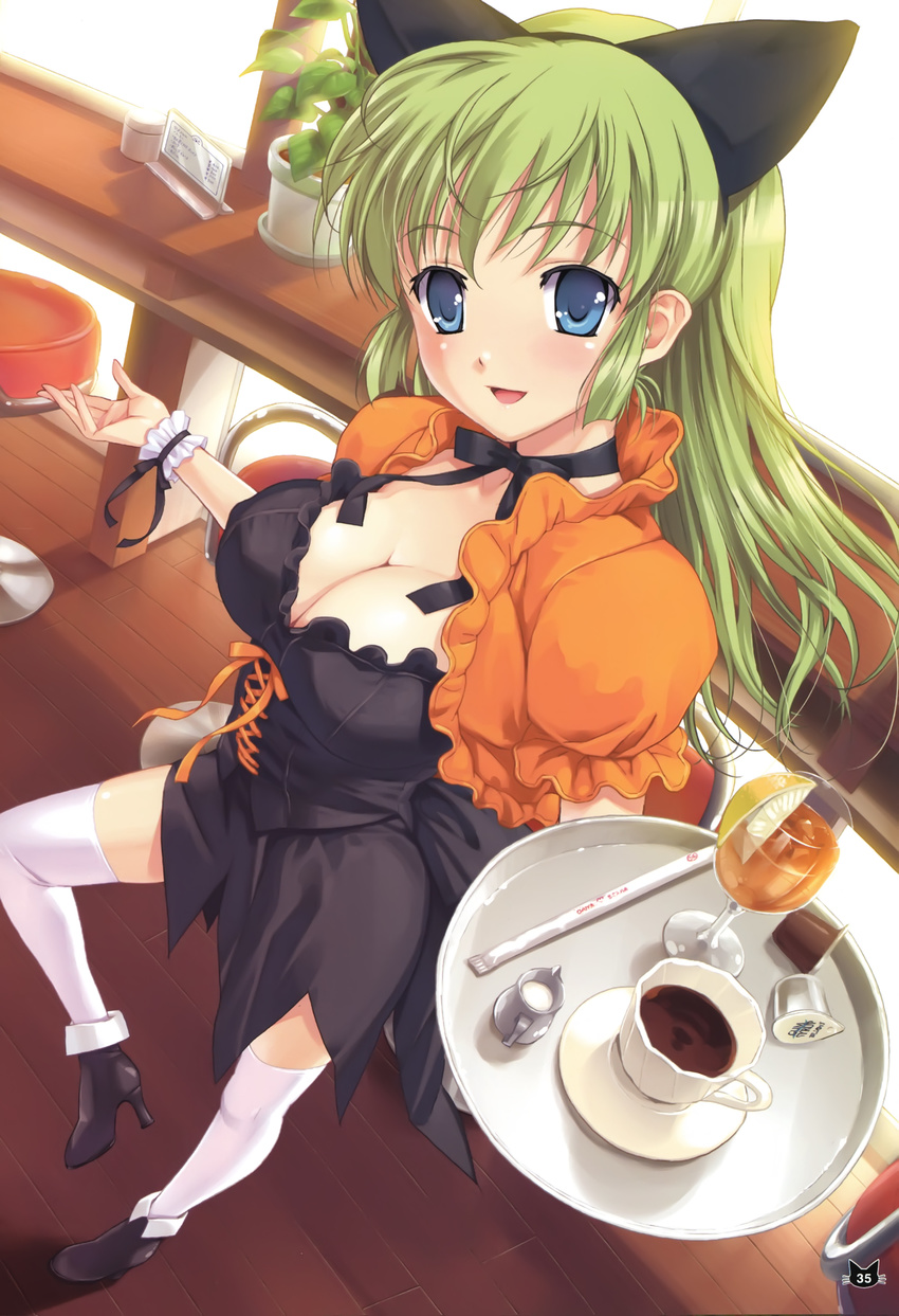 absurdres animal_ears blue_eyes breasts cat_ears choker coffee copyright_request food foreshortening green_hair happoubi_jin high_heels highres indoors large_breasts long_hair ribbon ribbon_choker shoes solo thighhighs waitress white_legwear wrist_cuffs