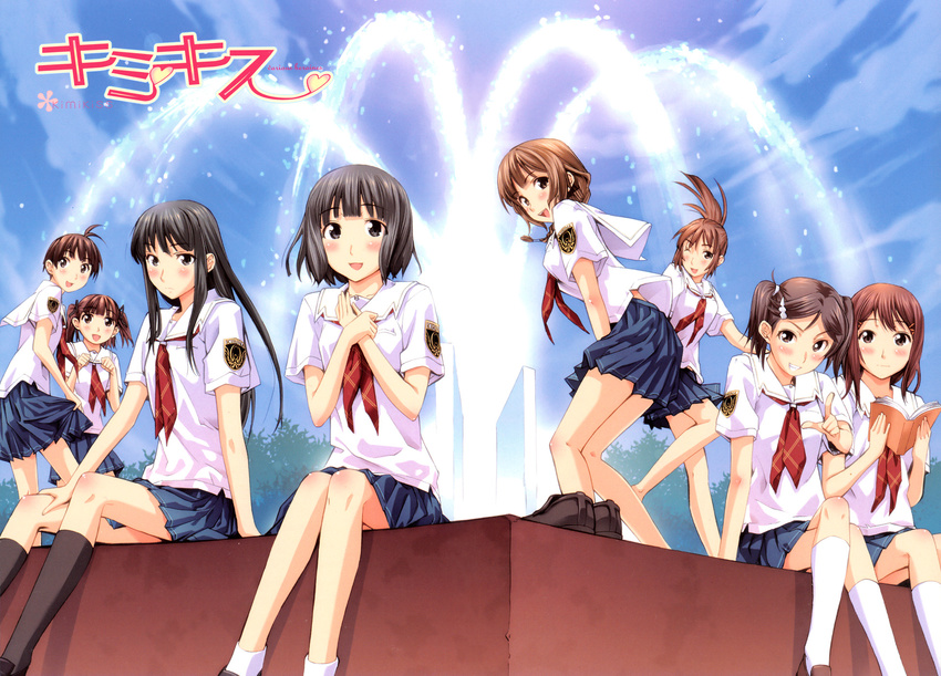 aihara_nana artist_request ass black_hair blue_sky brown_hair day fountain from_behind futami_eriko highres hoshino_yuumi kibina_high_school_uniform kimi_kiss kuryuu_megumi looking_at_viewer mizusawa_mao multiple_girls neckerchief outdoors sakino_asuka satonaka_narumi school_uniform shijou_mitsuki shirt short_hair short_sleeves sky splashing standing wading water white_shirt