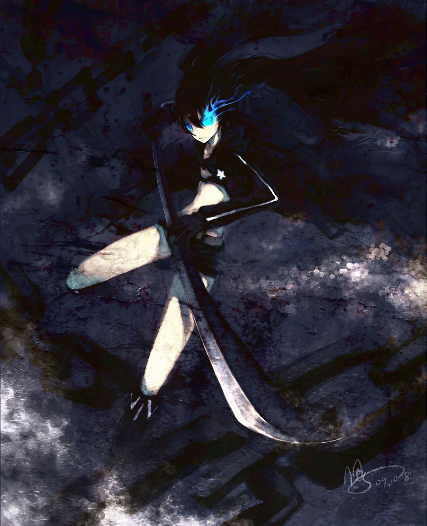 absurdres belt bikini_top black_hair black_rock_shooter black_rock_shooter_(character) blue_eyes boots burning_eye cape flat_chest glowing glowing_eyes highres long_hair shorts solo sword twintails uneven_twintails urami very_long_hair weapon