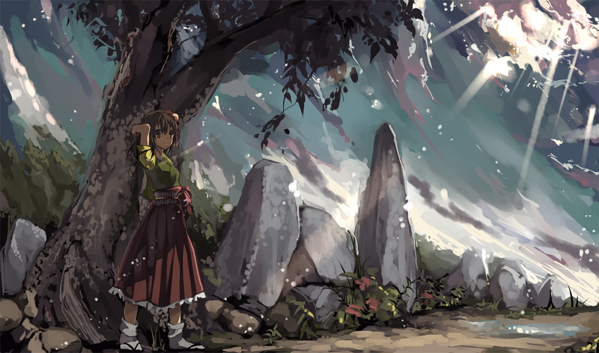 arm_up cloud cloudy_sky frilled_skirt frills hakama hieda_no_akyuu japanese_clothes peaceful red_hakama rock shimadoriru short_hair short_sleeves skirt sky socks solo standing sunlight touhou tree