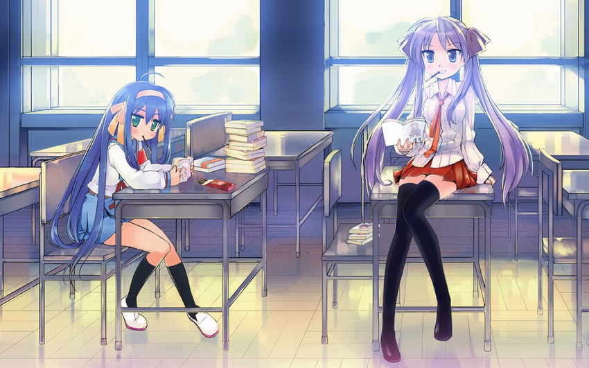 1280x800 blue_hair book classroom cosplay green_eyes hiiragi_kagami izumi_konata long_hair lucky_star necktie pocky school school_uniform serafuku suzumiya_haruhi_(cosplay) suzumiya_haruhi_no_yuuutsu tagme_(artist) twintails