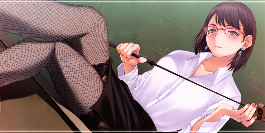 absurdres anegasaki_nene blouse brown_hair chalkboard classroom crossed_legs dress_shirt dutch_angle earrings fishnet_legwear fishnets glasses highres jewelry legs love_plus miniskirt mino_tarou mole mole_under_eye nail_polish official_art pencil_skirt pink_nails purple_eyes shirt short_hair side_slit sitting skirt solo teacher thighhighs uniform