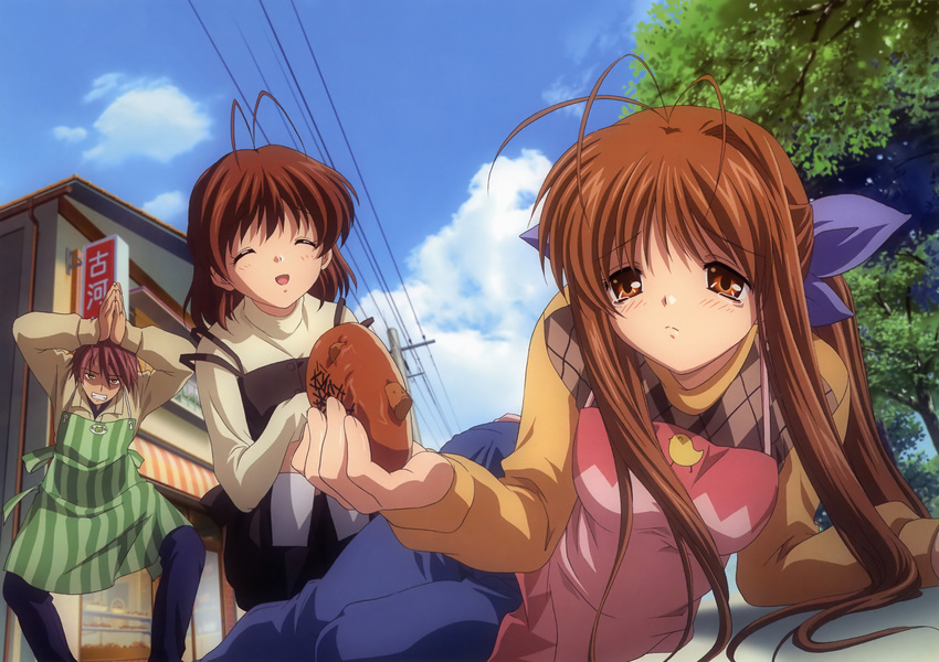 2girls absurdres anpan antenna_hair apron bow brown_eyes brown_hair clannad food furukawa_akio furukawa_nagisa furukawa_sanae highres multiple_girls non-web_source official_art tears