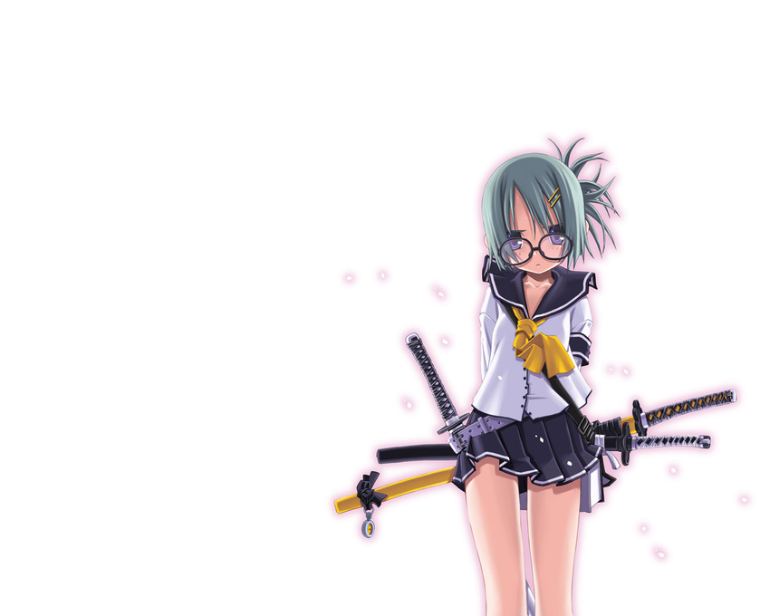 blue_eyes blue_hair glasses seifuku short_hair sword tie white