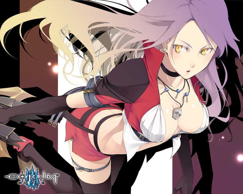 :o arched_back black_legwear blonde_hair breasts choker cleavage copyright_name corum_online downblouse earrings gradient_hair jewelry kyo_(kuroichigo) large_breasts logo long_hair midriff multicolored_hair necklace official_art open_clothes open_shirt purple_hair shirt skull solo thigh_strap thighhighs wallpaper yellow_eyes