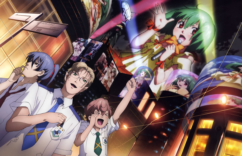 &gt;_&lt; 3boys absurdres city closed_eyes detexted dutch_angle floating_screen glasses highres luca_angeloni macross macross_frontier microphone mikhail_buran multiple_boys music newtype official_art pointy_ears ranka_lee saotome_alto scan singing takahashi_yuuichi third-party_edit