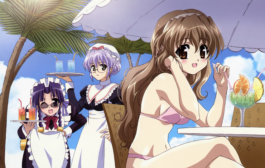 absurdres apron bent_over bikini black_eyes blush brown_eyes brown_hair chair cloud crossed_legs day detexted drink food fruit glasses grey_eyes hairband hand_on_hip hat highres long_hair maid multiple_girls nanashiro_nanami navel nogizaka_haruka nogizaka_haruka_no_himitsu non-web_source one_eye_closed orange orange_slice outdoors palm_tree parasol pink_bikini purple_hair sakurazaka_hazuki sitting sky sunglasses swimsuit table third-party_edit tray tree umbrella wavy_hair