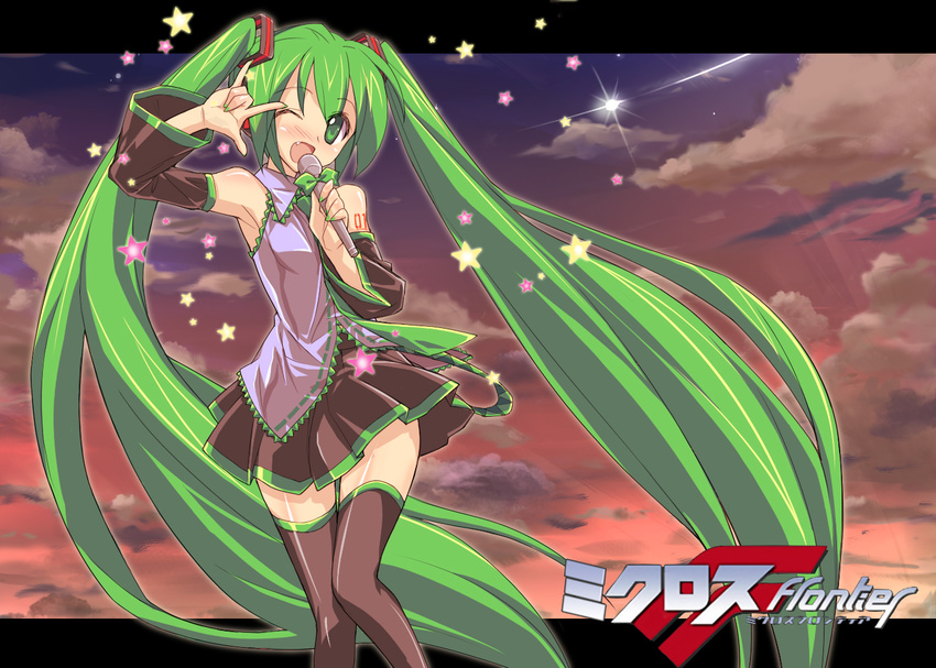 \m/ bare_shoulders cloud detached_sleeves eeeeee fang green_eyes green_hair hatsune_miku long_hair macross macross_frontier microphone necktie parody seikan_hikou sky solo star thighhighs twintails vocaloid