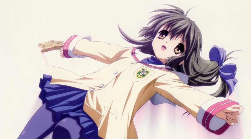 bow brown_eyes clannad highres hikarizaka_private_high_school_uniform ibuki_fuuko non-web_source official_art pantyhose school_uniform solo starfish