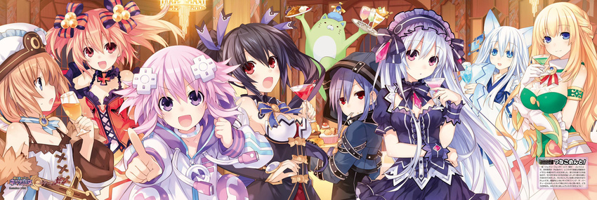 absurdres alyn_(fairy_fencer_f) animal_ears bare_shoulders black_hair blanc blonde_hair bow bowtie choker cocktail_glass copyright_name crossover cup dress drinking_glass effole_(fairy_fencer_f) fairy_fencer_f food frills gloves gothic_lolita hair_bow hair_ornament hairband highres jewelry light_brown_hair lolita_fashion lolita_hairband long_hair long_sleeves looking_at_viewer looking_back multiple_girls neptune_(choujigen_game_neptune) neptune_(series) noire official_art open_mouth puffy_short_sleeves puffy_sleeves purple_eyes purple_hair red_eyes red_hair ribbon short_hair short_sleeves smile tiara_(fairy_fencer_f) tsunako twintails vert white_hair wrist_cuffs
