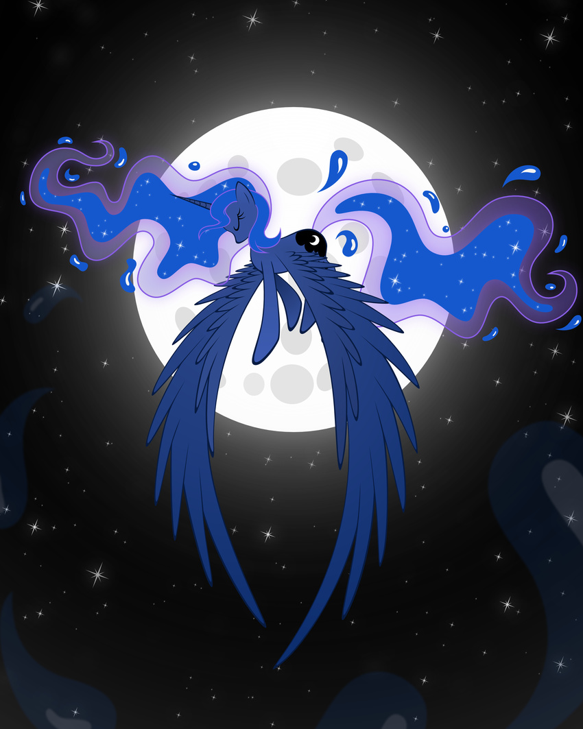 blue_feathers cosmic_hair cutie_mark equine eyes_closed feathered_wings feathers female feral flamevulture17 flying friendship_is_magic hi_res hooves horn mammal moon my_little_pony night princess_luna_(mlp) sky solo star starry_sky winged_unicorn wings