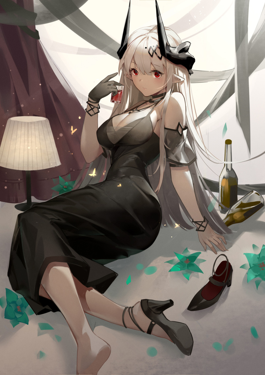 1girl absurdres alcohol arknights black_dress black_footwear black_gloves breasts cleavage cup dress duplicate gloves high_heels highres holding holding_cup horns large_breasts long_hair mudrock_(arknights) mudrock_(obsidian)_(arknights) official_alternate_costume pixel-perfect_duplicate pointy_ears red_eyes shoes single_glove single_shoe solo white_hair woodylixx