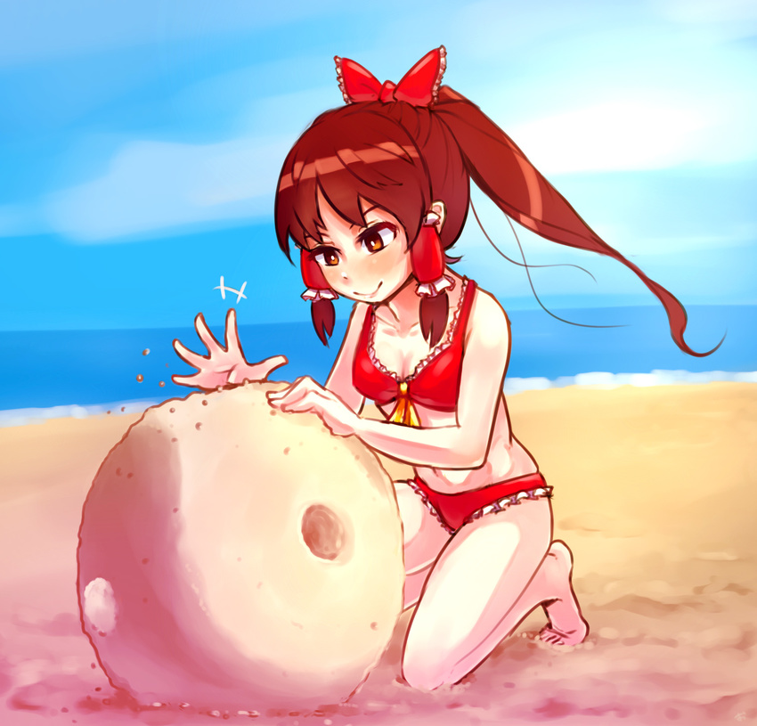 1girl beach bikini blue_sky blush brown_eyes brown_hair day full_body hair_ribbon hair_tubes hakurei_reimu highres kneeling long_hair md5_mismatch ocean osakasa outdoors ponytail red_bikini resized ribbon sand sand_sculpture sky smile solo swimsuit touhou upscaled yin_yang